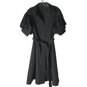 Gracia Button-Down Knee-Length Shirt Dress Pockets Belt Black Size Small